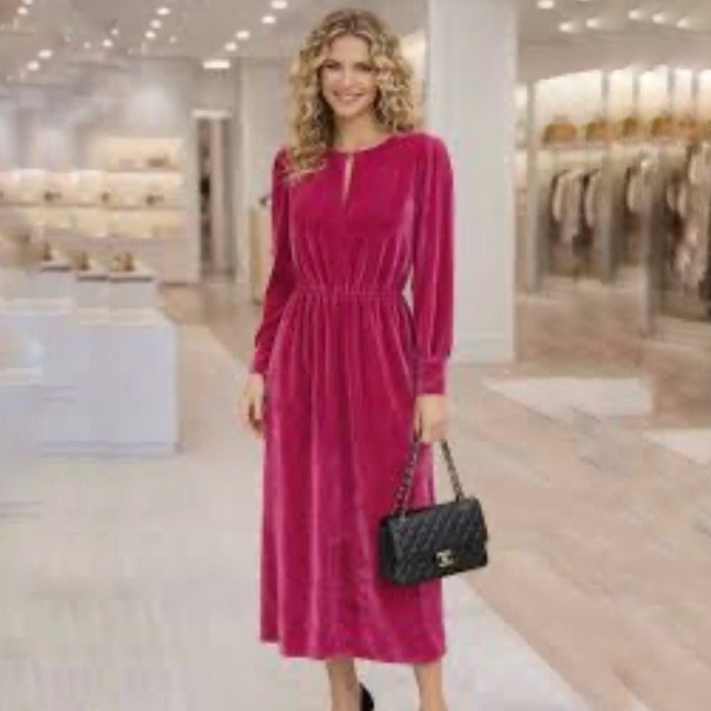 Zara Trafaluc Magenta Pink Velvet Midi Dress Keyhole Long Sleeve‎ NWT Large